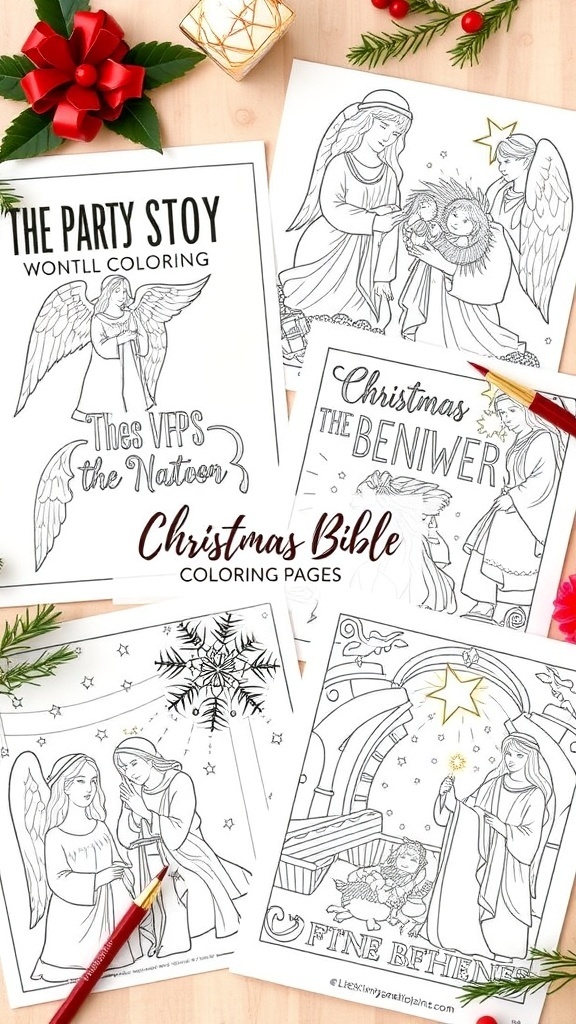 A selection of Christmas Bible coloring pages depicting the Nativity, angels, and shepherds, ready for coloring.